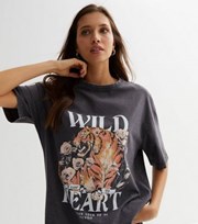 New Look Dark Grey Tiger Wild Heart Acid Wash Logo Oversized T-Shirt